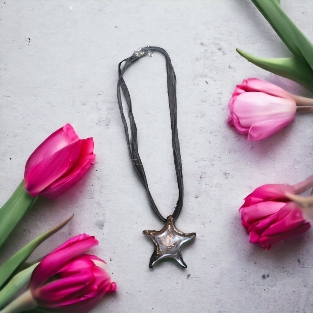 Black corded glass star necklace